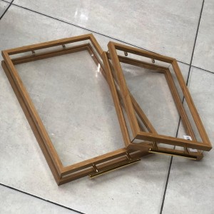 طقم صواني 2 قطعة وجه اكريليك مستطيل شفاف اطار خشب وايدي ذهبي